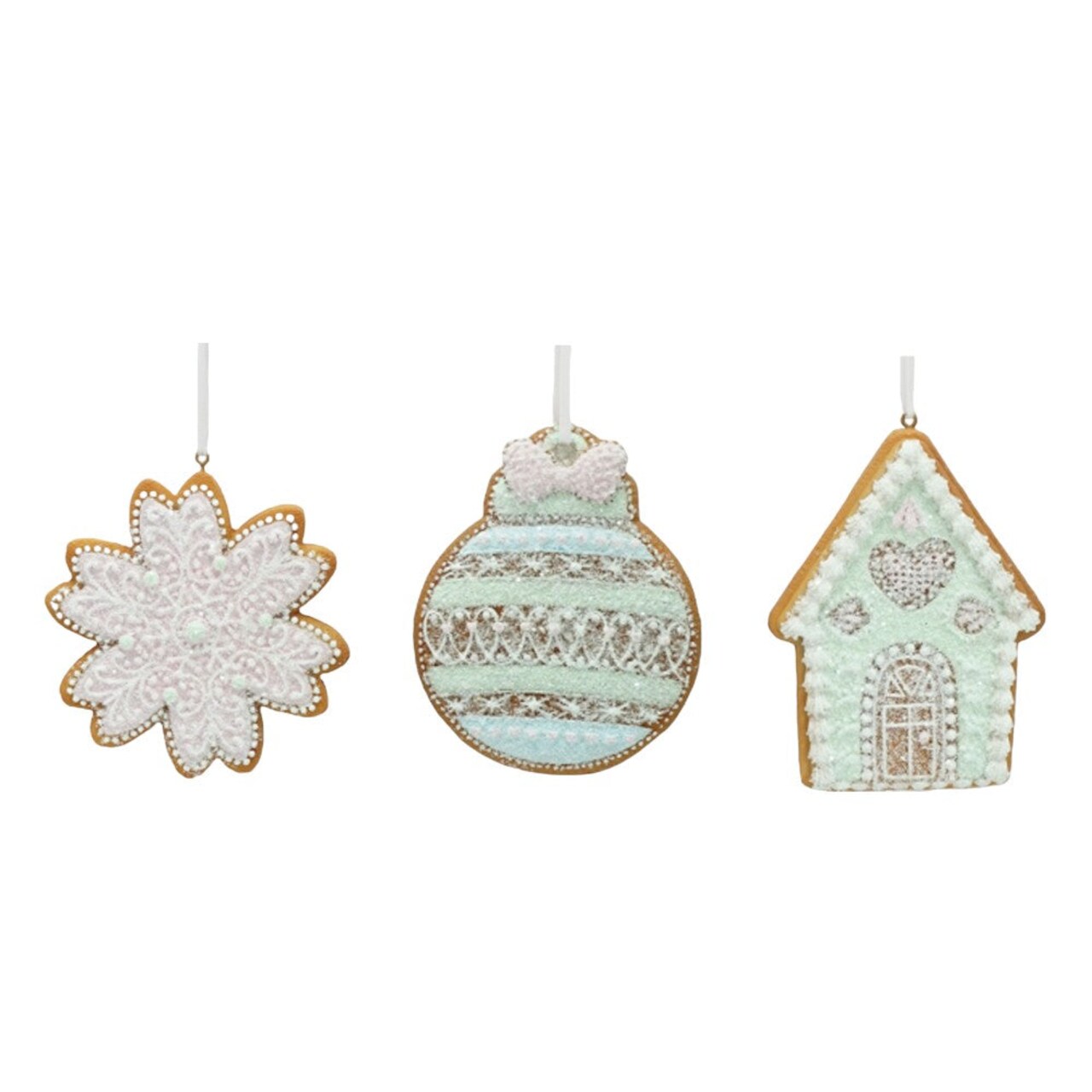 4" Pastel Gingerbread Christmas Ornament Set – Iced Cookie- 3 PCs